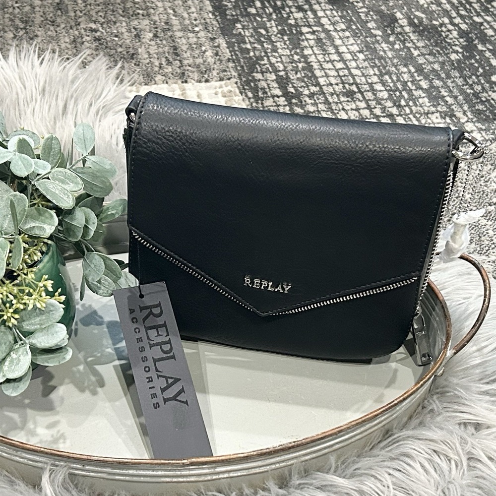 REPLAY Women's Cross Body Bag Thick Shoulder Strap Black & Skull Darkness New